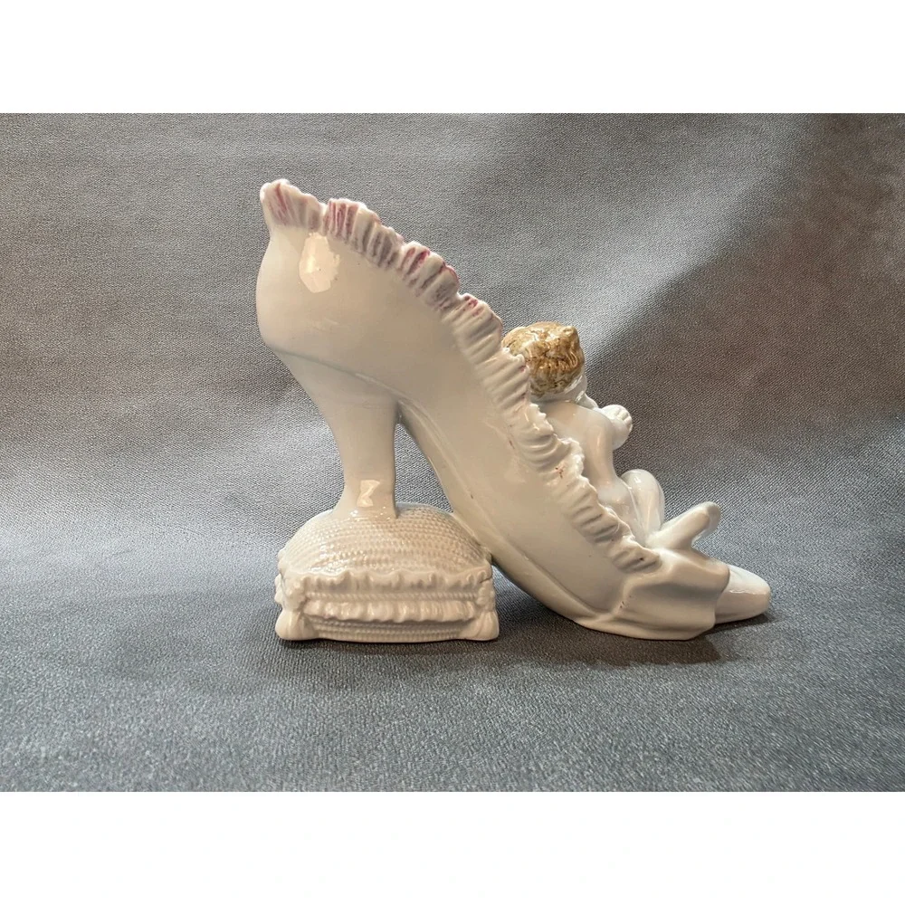 Vintage Porcelain Cherub Figurine High Heel Shoe Planter Japan White Pink